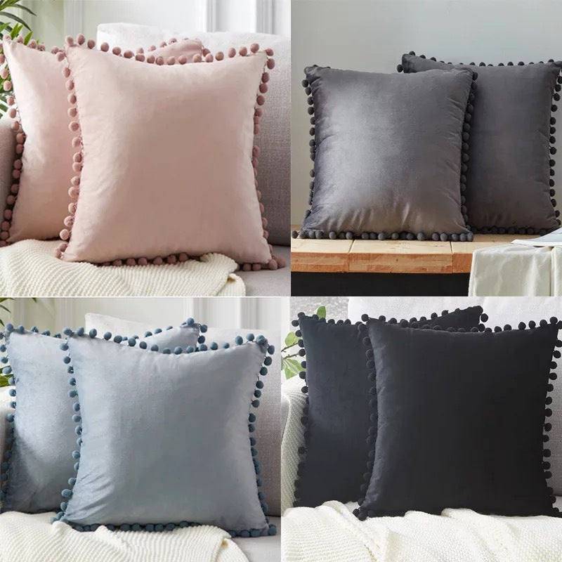 Velvet Solid Color Cushion Cover with Plush Ball Lace - Modern Elegance for Your Sofa