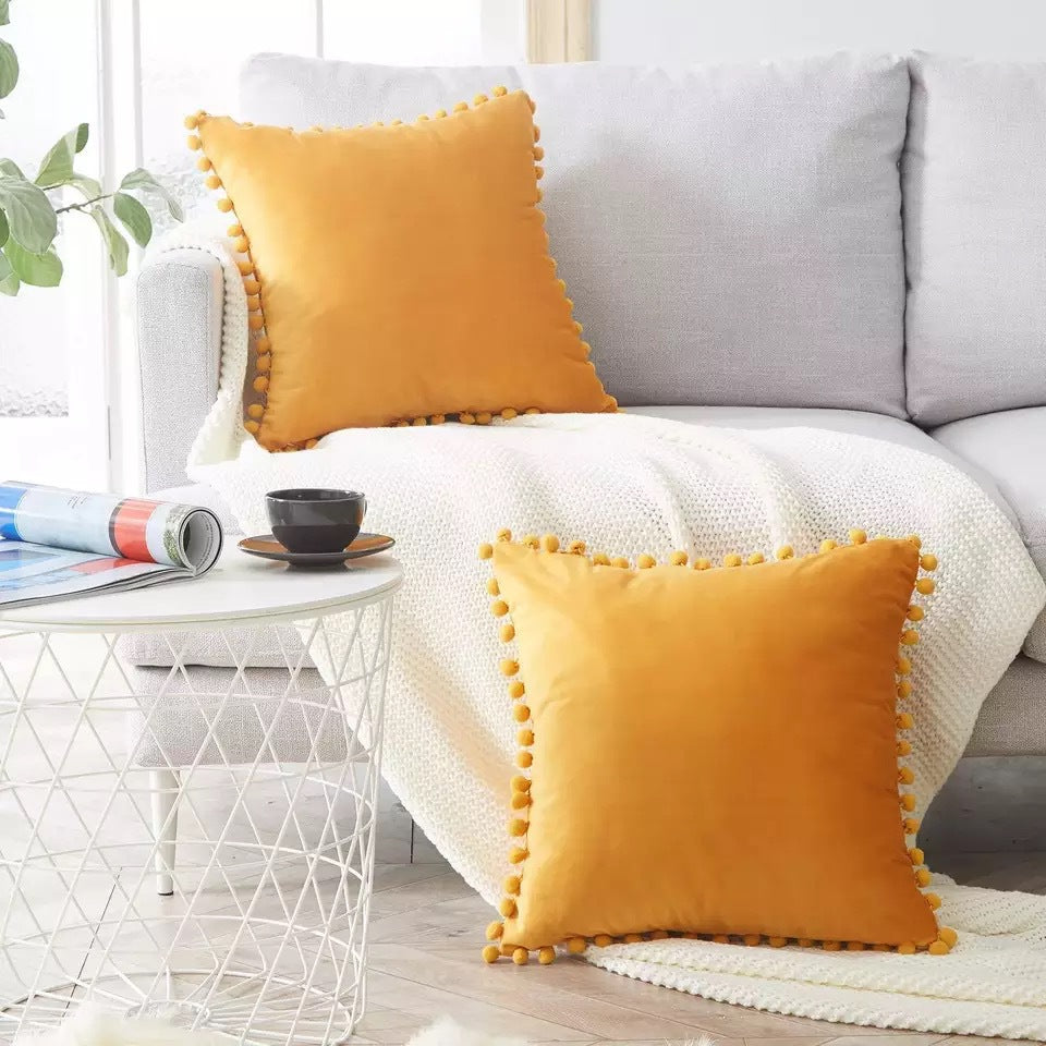 Velvet Solid Color Cushion Cover with Plush Ball Lace - Modern Elegance for Your Sofa