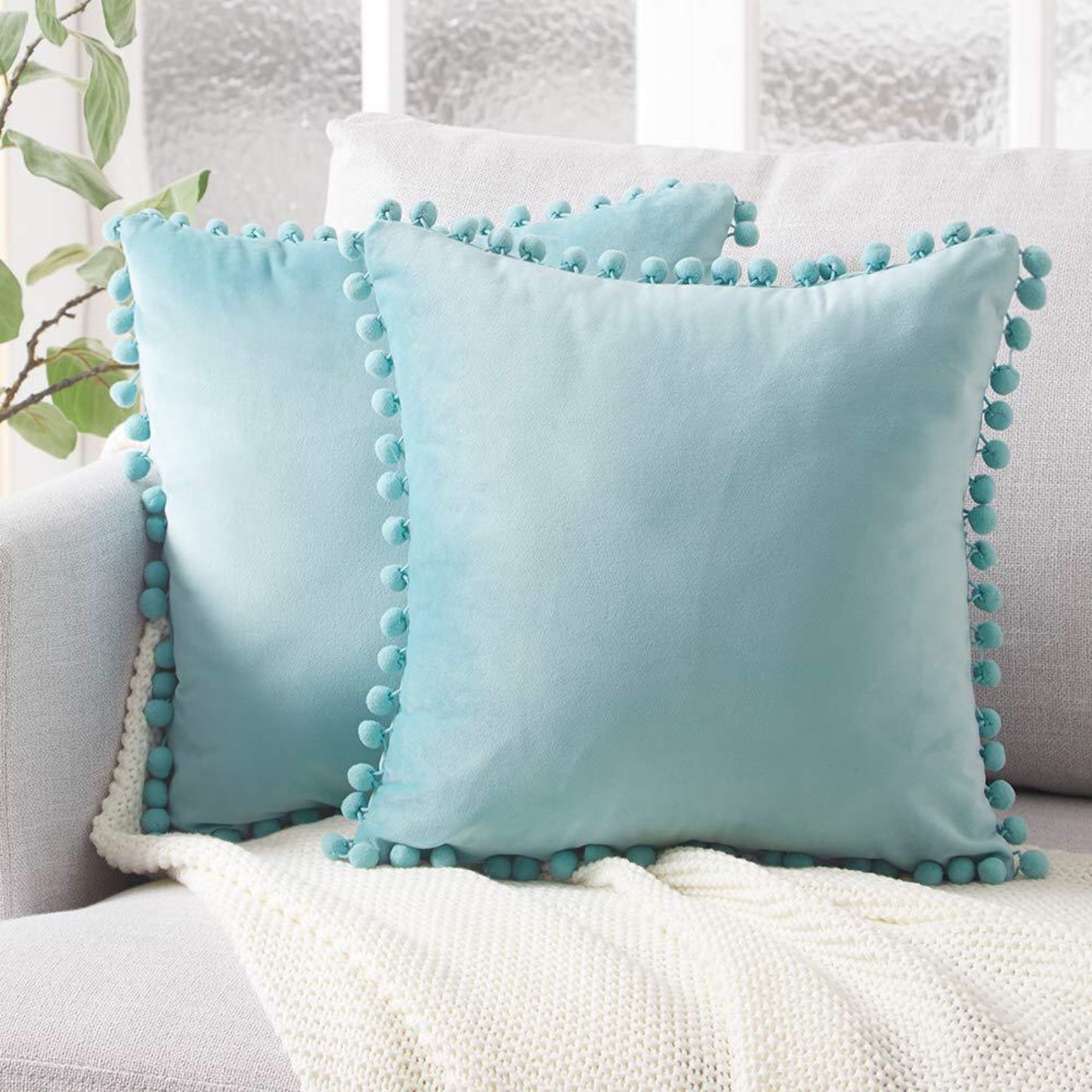 Velvet Solid Color Cushion Cover with Plush Ball Lace - Modern Elegance for Your Sofa