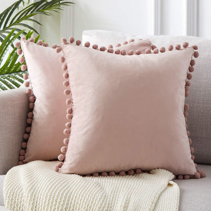 Velvet Solid Color Cushion Cover with Plush Ball Lace - Modern Elegance for Your Sofa