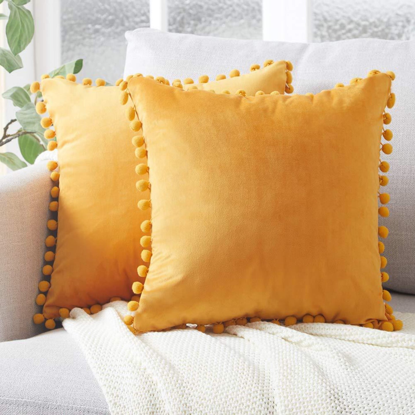 Velvet Solid Color Cushion Cover with Plush Ball Lace - Modern Elegance for Your Sofa