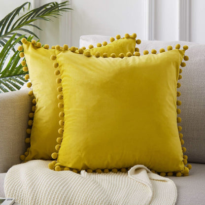 Velvet Solid Color Cushion Cover with Plush Ball Lace - Modern Elegance for Your Sofa