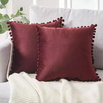 Velvet Solid Color Cushion Cover with Plush Ball Lace - Modern Elegance for Your Sofa