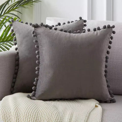 Velvet Solid Color Cushion Cover with Plush Ball Lace - Modern Elegance for Your Sofa