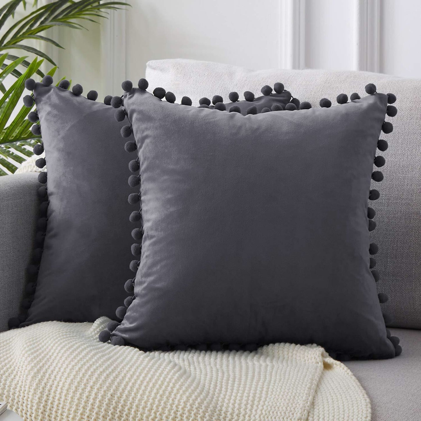 Velvet Solid Color Cushion Cover with Plush Ball Lace - Modern Elegance for Your Sofa