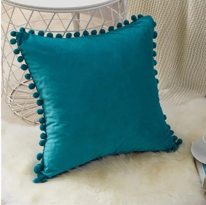 Velvet Solid Color Cushion Cover with Plush Ball Lace - Modern Elegance for Your Sofa