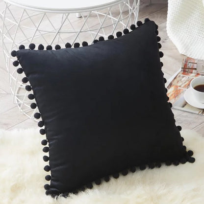 Velvet Solid Color Cushion Cover with Plush Ball Lace - Modern Elegance for Your Sofa