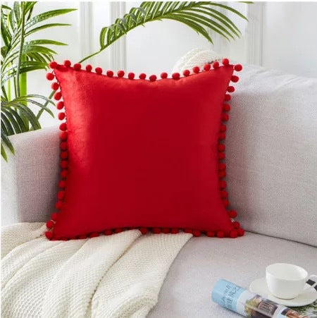 Velvet Solid Color Cushion Cover with Plush Ball Lace - Modern Elegance for Your Sofa