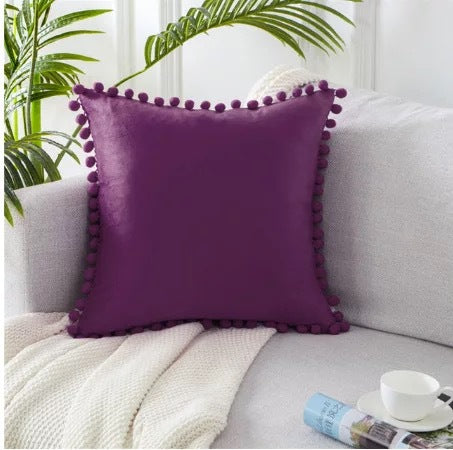 Velvet Solid Color Cushion Cover with Plush Ball Lace - Modern Elegance for Your Sofa