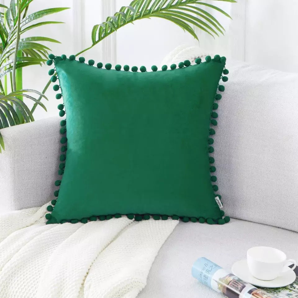 Velvet Solid Color Cushion Cover with Plush Ball Lace - Modern Elegance for Your Sofa