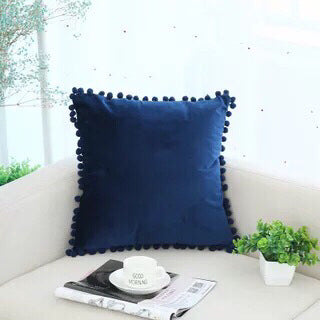 Velvet Solid Color Cushion Cover with Plush Ball Lace - Modern Elegance for Your Sofa