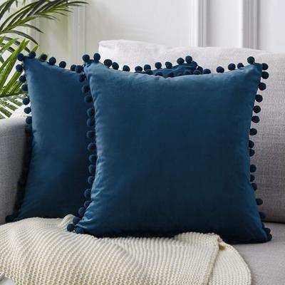 Velvet Solid Color Cushion Cover with Plush Ball Lace - Modern Elegance for Your Sofa