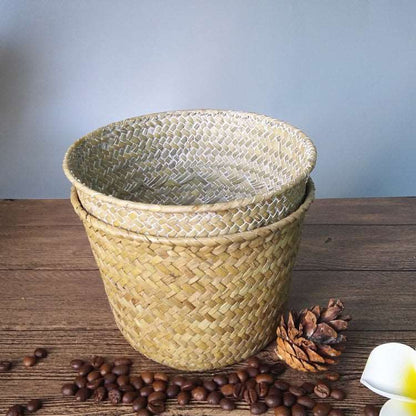 Chic Straw Green Plant Pot & Sundries Storage Basket