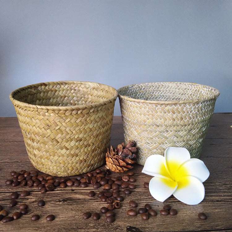 Chic Straw Green Plant Pot & Sundries Storage Basket