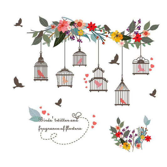 Chinese Flower Vine Bird Cage Wall Sticker - Elegant Room Decor